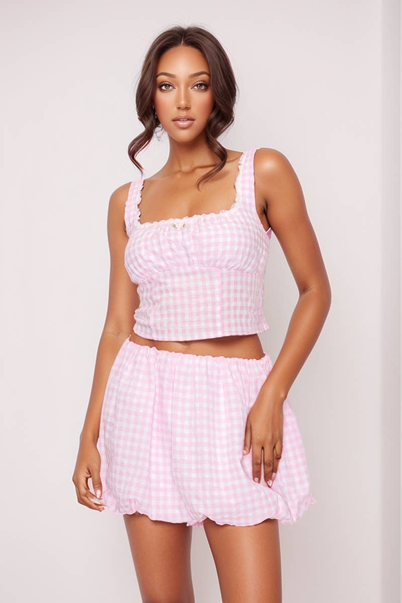 5besties inc – Engroshandel Top- og nederdelsæt - Dame – GINGHAM CROP TOP OG BUBBELNEDERDEL SÆT3