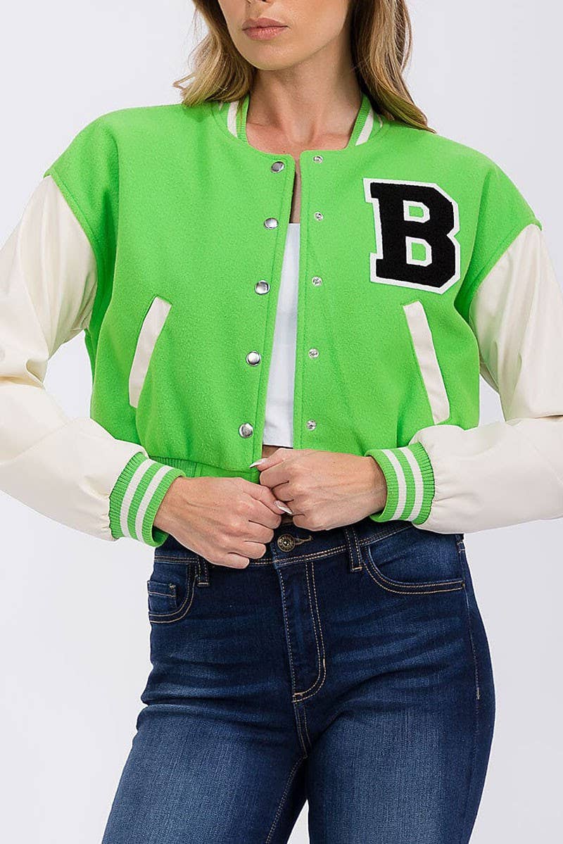 ROUSSEAU - Wholesale Varsity/Baseball Jacket - Women's - PLEATHER SLEEVE BUTTON CLOSURE VARSITY JACKET