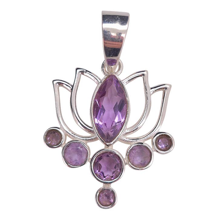 Faceted Amethyst Sterling Silver Lotus Pendant for wholesale by Amberman