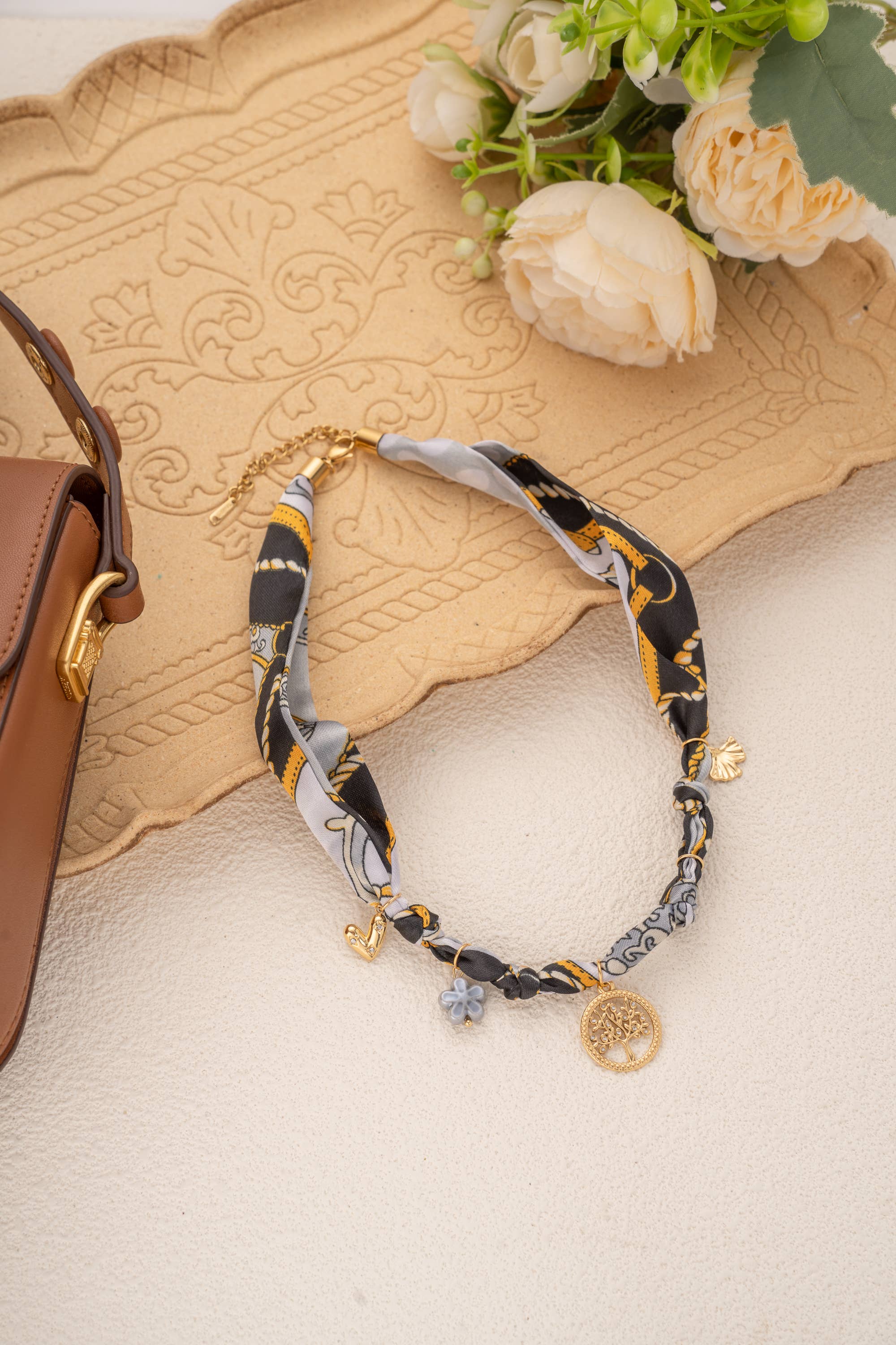 COSMOS - Wholesale Pendant/Charm Necklace - Golden scarf necklace with tree of life charms in stainless steel2