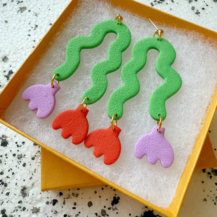 Lemon Lee Studio - Wholesale Dangle Earrings - Squiggle Tulip Earrings—Red and Violet2