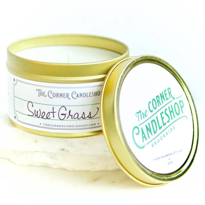 Sweet Grass 8 oz. Tin Candle for wholesale by The Corner Candleshop