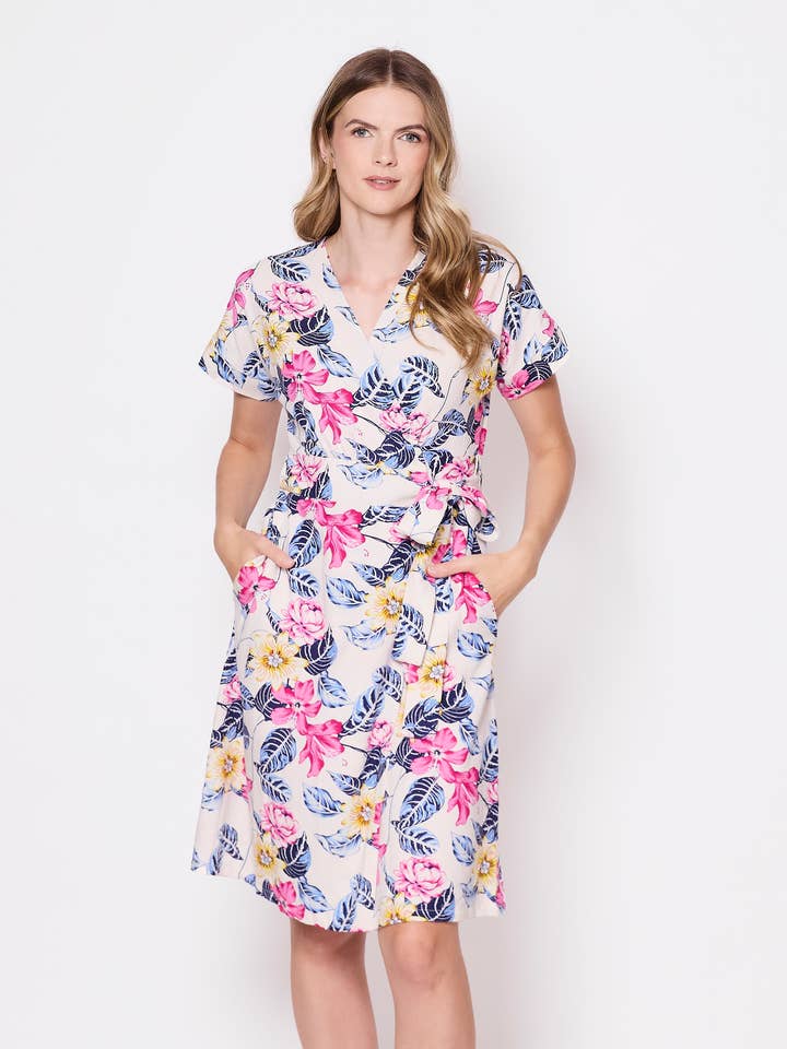 Allyson dress - linen blend wrap dress in white floral for wholesale by tangente