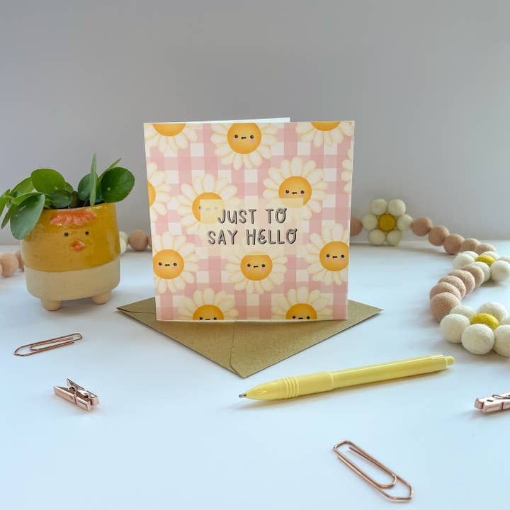 Daisy Pink Gingham Just To Say Hello Greeting Card for wholesale by Collette Daisy Designs Co