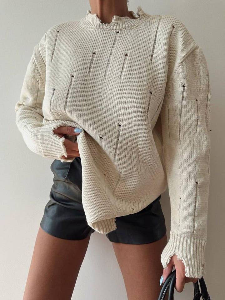 New women's hand-frayed crewneck sweater for wholesale by HIDDENBRAND