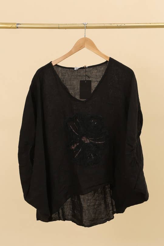 LÉA & LUC – Túnica - Mulher por atacado – Blusa com flor em linho 100% REF. 112099