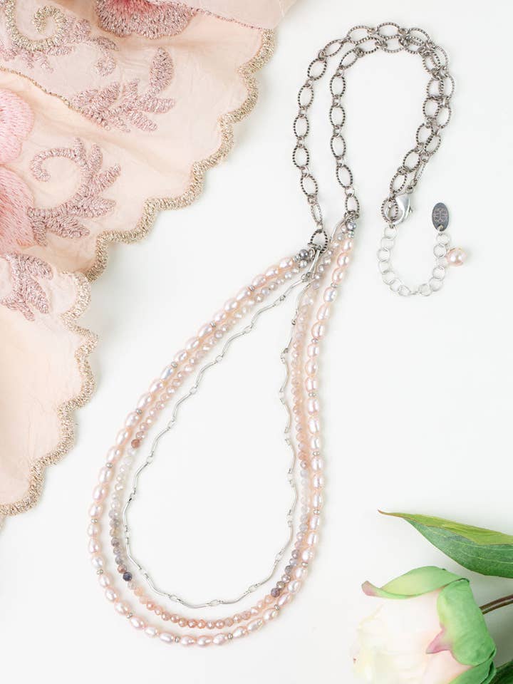 Blush 26.5-28.5" Freshwater Pearl, Moonstone Multistrand Necklaces for wholesale by Anne Vaughan Designs Jewelry