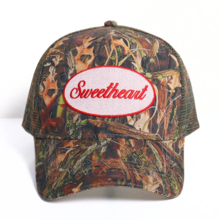 SWEETHEART Embroider Patch 5 Panel Mesh back Camo Print Hat for wholesale by David And Young