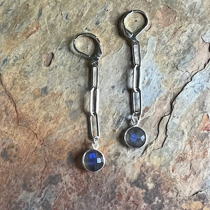 Silver Paper Clip Chain Earrings with Labradorite Charms for wholesale by Carley King Jewels