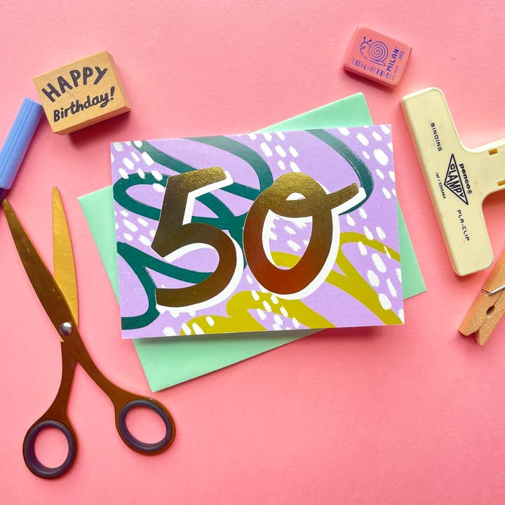 50th Birthday Card | Fifty Fiftieth 50 Age Milestone Bday for wholesale by Kerrie Illustrates