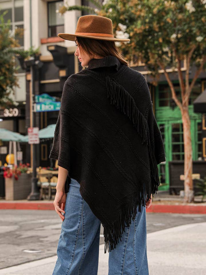 Leto Accessories - Wholesale Poncho - Women's - Button Neck Fringe Poncho - Fall & Winter Essential1
