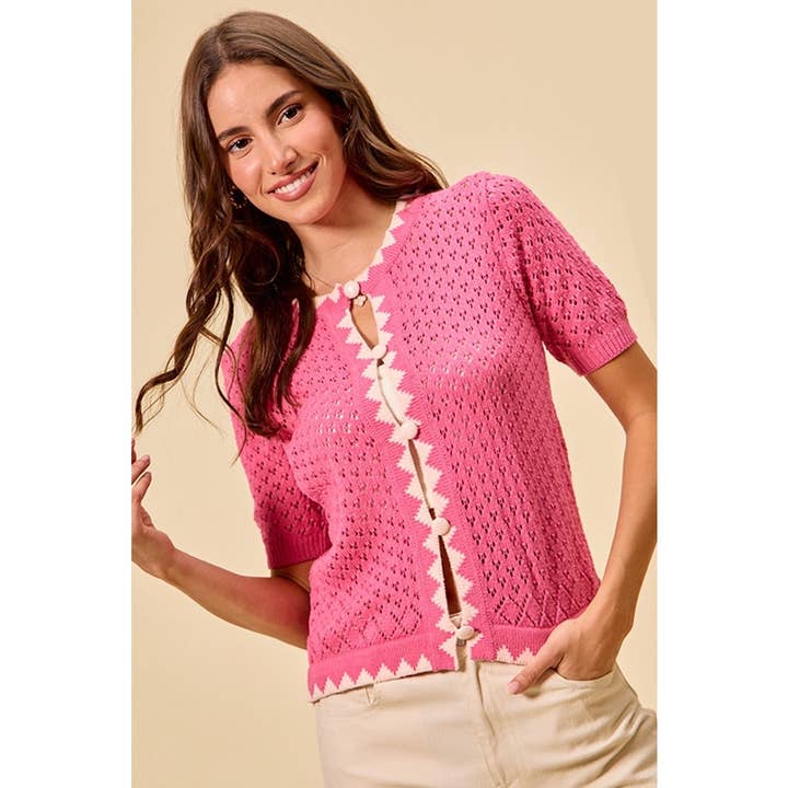 Contrast Scallop Edge Sweater Cardigan With Button for wholesale by IVE