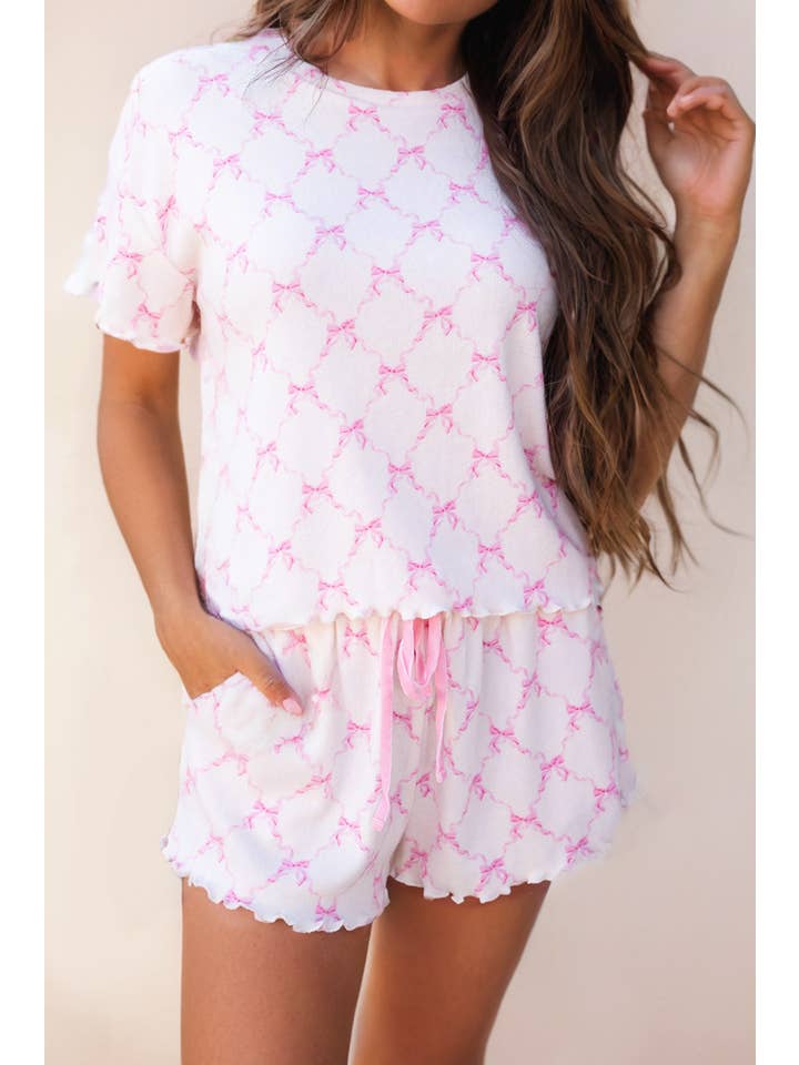 LA Society - Wholesale Lounge Set - Women's - Bow Knot Geometric Print Lettuce Trim Two Piece Lounge Set