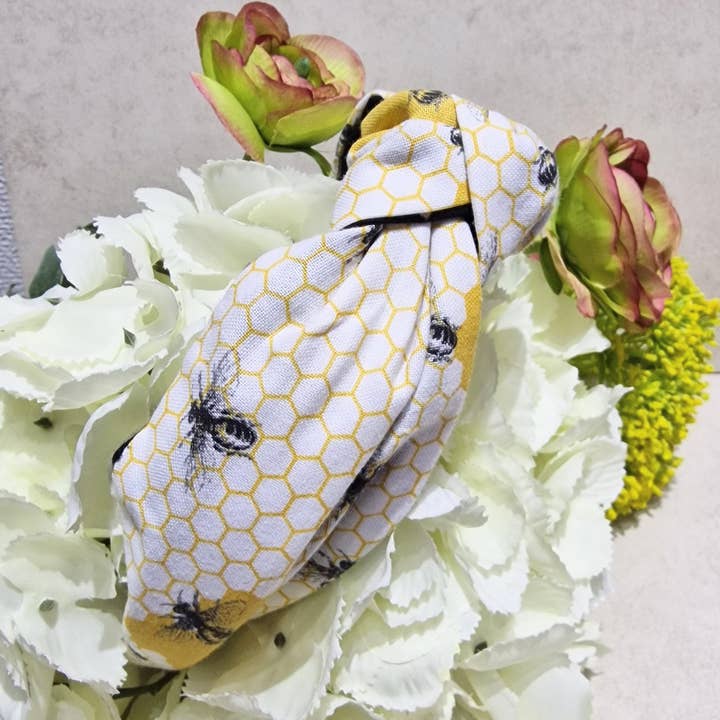 Hairband Bumble Bee Honeycomb Cotton Fabric Bespoke Top Knot for wholesale by Bee my Oyster