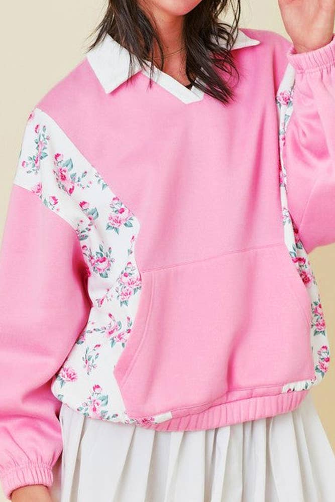 Rosa Blommiga lapptäckfickor Stående krage Pullover Top CY170 för wholesale på Faire4