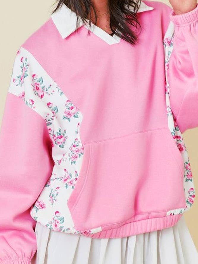 Rosa Top tipo jersey con cuello alto y bolsillos de retazos florales CY170 de venta al por mayor en Faire4