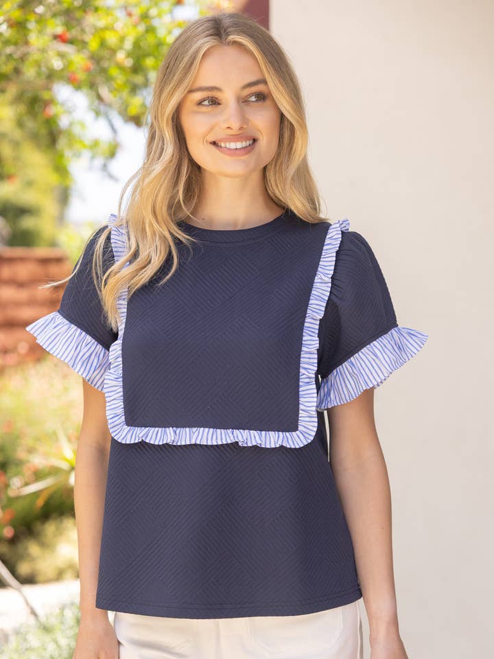 35300 Striped Ruffle Detail Quilted Knit Top for wholesale by VOY