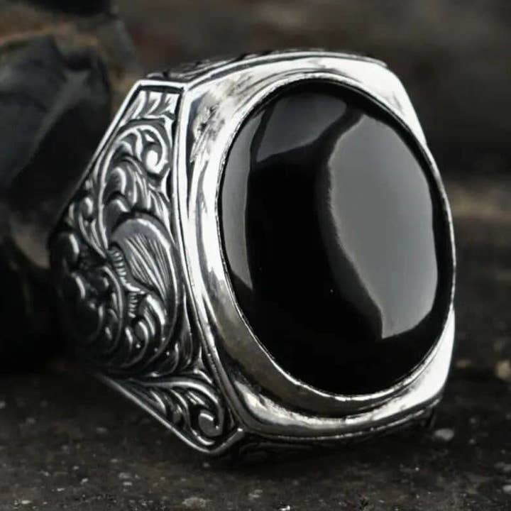Anello in argento Jet Stone nero UNICO, con pietra preziosa originale a mano per la vendita all'ingrosso da parte di Albertino Silver