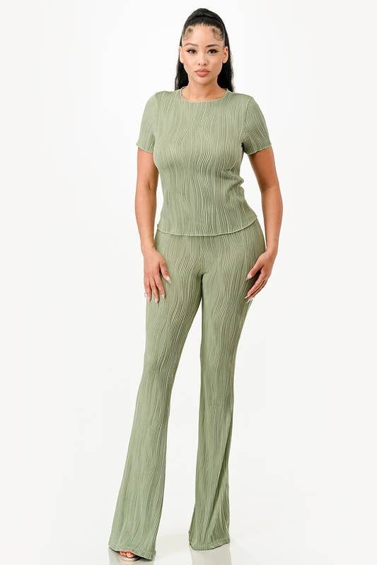 Color 5 - Wholesale Top & Pant Set (NOT Loungewear) - Women's - Solid color wavy bliss casual top with flare pants set 8