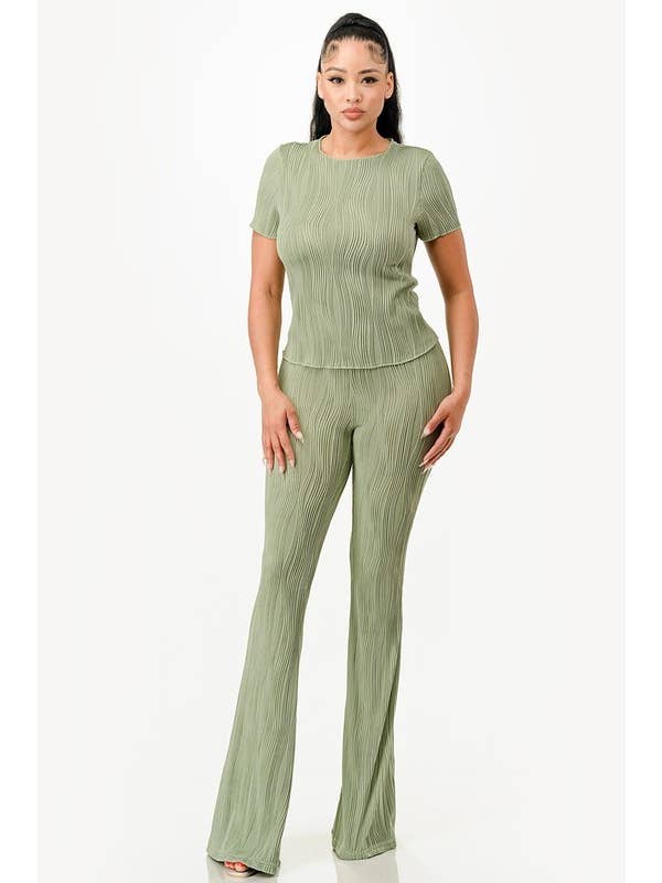 Color 5 - Wholesale Top & Pant Set (NOT Loungewear) - Women's - Solid color wavy bliss casual top with flare pants set 8