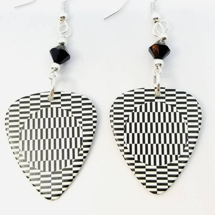 Simply Raevyn - Wholesale Dangle Earrings - White and Black Rectangle Illusions Guitar Pick Earrings0