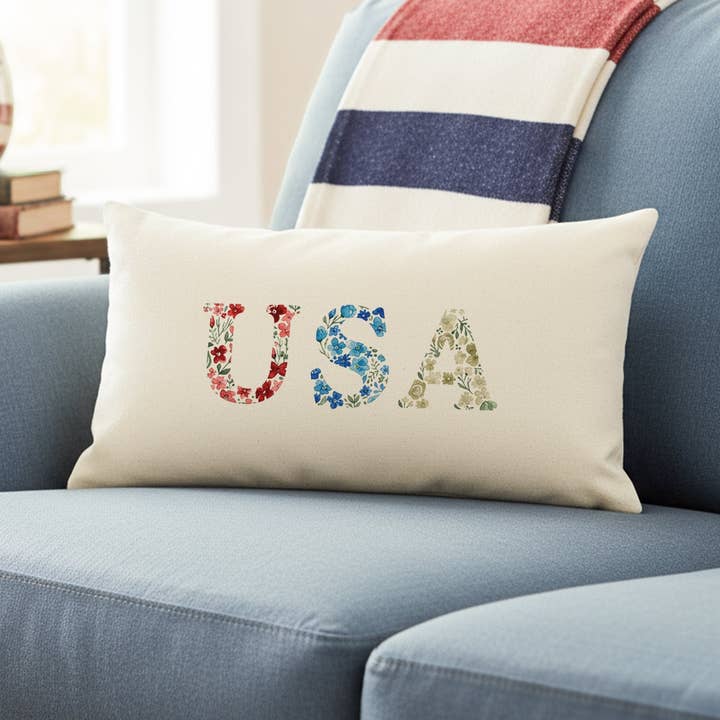 USA Letters Americanna Floral Watercolor - Rect Pillow for wholesale by Heritage 76