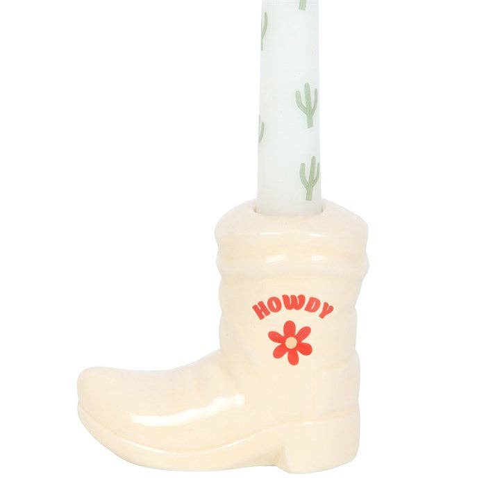 Something Different Wholesale - Wholesale Candle holder - White Cowboy Boot Candle Holder with Taper Candle2