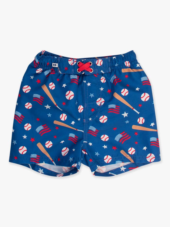 Blue Boys Play Ball Baseball Swim Trunks for wholesale on Faire