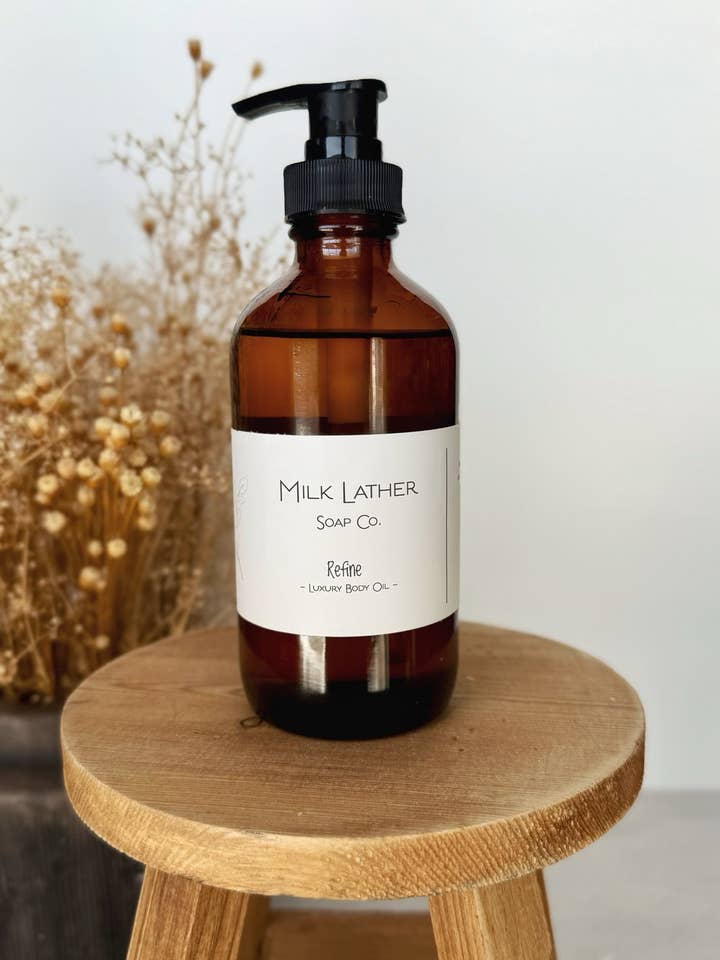 Refine - 8oz Body Oil Vanilla Sandalwood for wholesale by Milk Lather Soap Co.