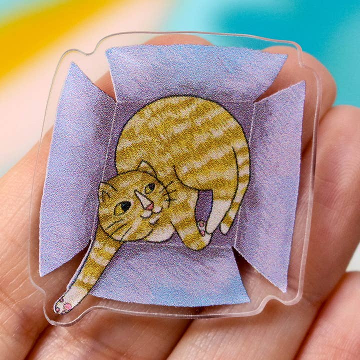 Spilla a forma di gatto in scatola, colore arancione, motivo: gatto energetico, simpatico regalo per la vendita all'ingrosso da parte di Paper Pattern Silk