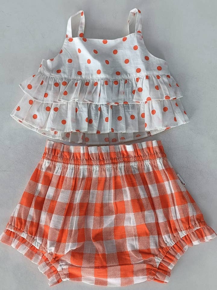 Yo Baby - Wholesale Top & Short Set - Baby - Orange Polka Dot Top & Orange Checkered Shorts Set : Infant : Baby