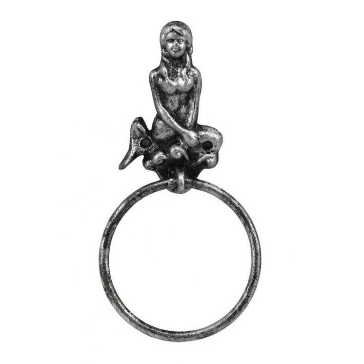 Antique Silver Cast Iron Mermaid Towel Holder 8.5" for wholesale by Hampton Ironworks