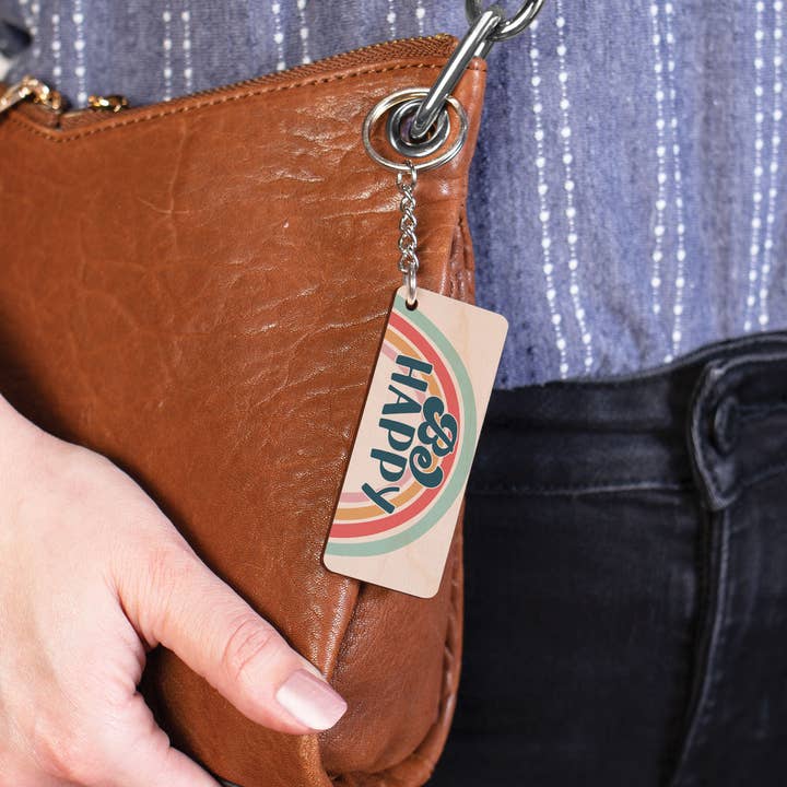 Be Happy Maple Veneer Keychain for wholesale by P. Graham Dunn