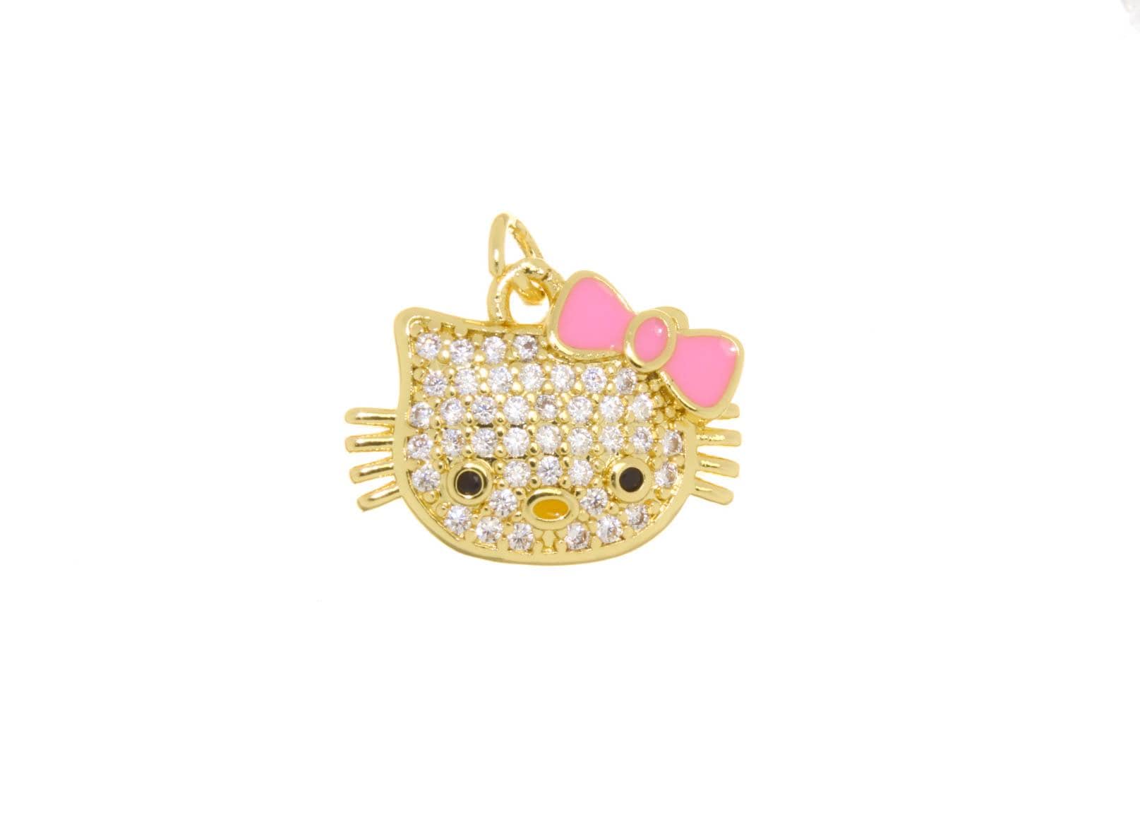 Jewel Pledge – Pendente/pingente individual por atacado – Pingente de Cabeça de Gato Kawaii Brilhante com Esmalte e Zircônia Dourada, CPG26430