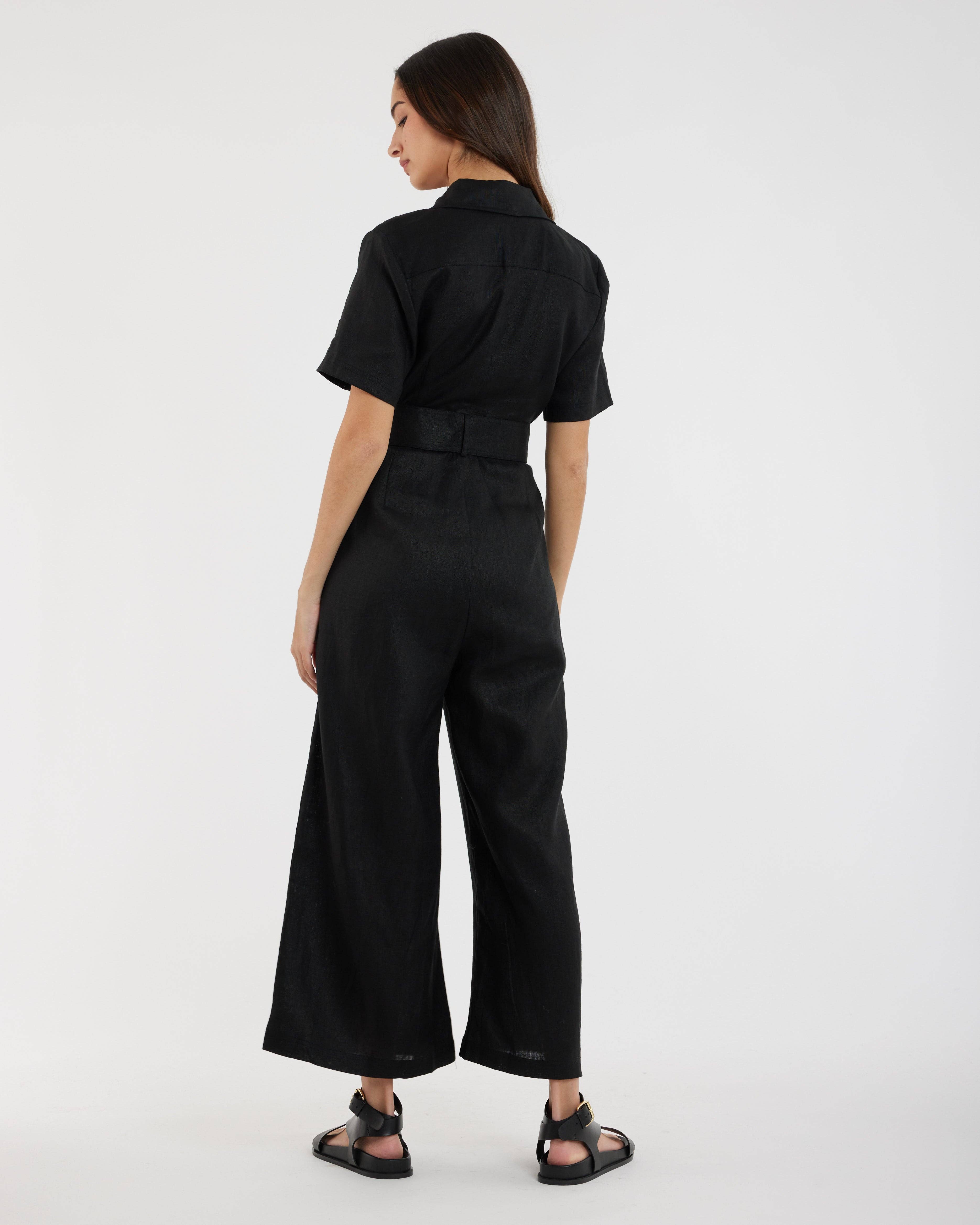 Portsea Linen Jumpsuit - Black for wholesale on Faire4