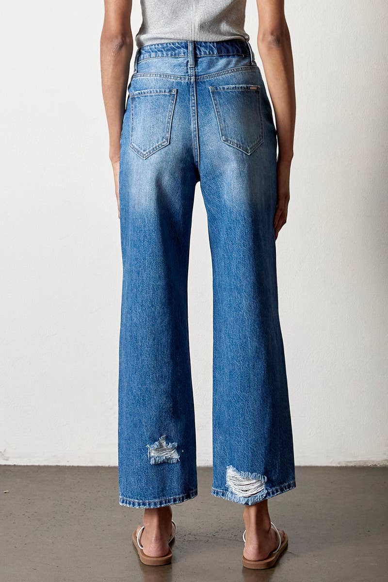 AGED DARK High Rise Destructed Straight Jeans for wholesale on Faire7