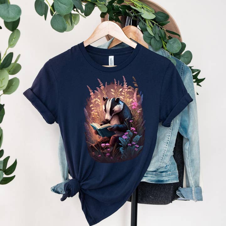 Vivtrek - Wholesale Screen Printed T-Shirt - Women's - Badger reading a book Tshirt, Fairy Aesthetic