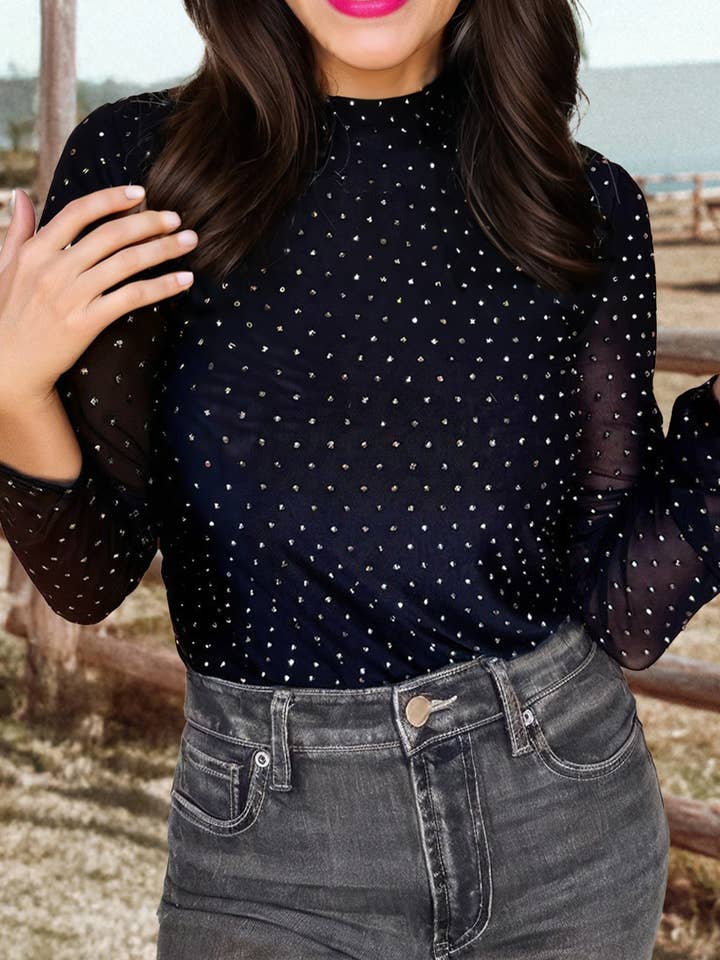 Fashion-W Rhinestone Embellished Mesh Long Sleeve Top for wholesale by fashionworks