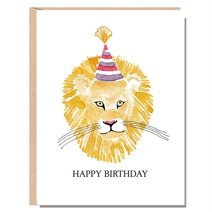 Carte d'anniversaire Lion avec chapeau de fête pour la vente par Rachelink Cards & Illustrations