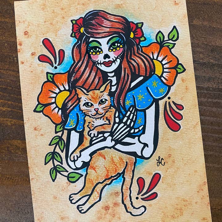 Dia De Los Muertos Woman and Ginger Cat Art Print for wholesale by Illustrated Ink