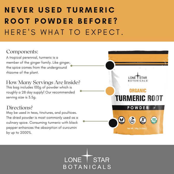 Lone Star Botanicals - Wholesale Protein/superfood powder - Organic Turmeric Root Powder -- 3.52 oz4