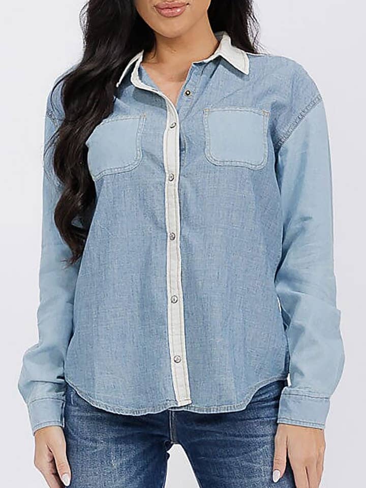 CHAMBRAY CONTRAST BUTTON DOWN SHIRT TOP and other Purchase Wholesale chambray shirt. Free Returns & Net 60 Terms on Faire trending on Faire.