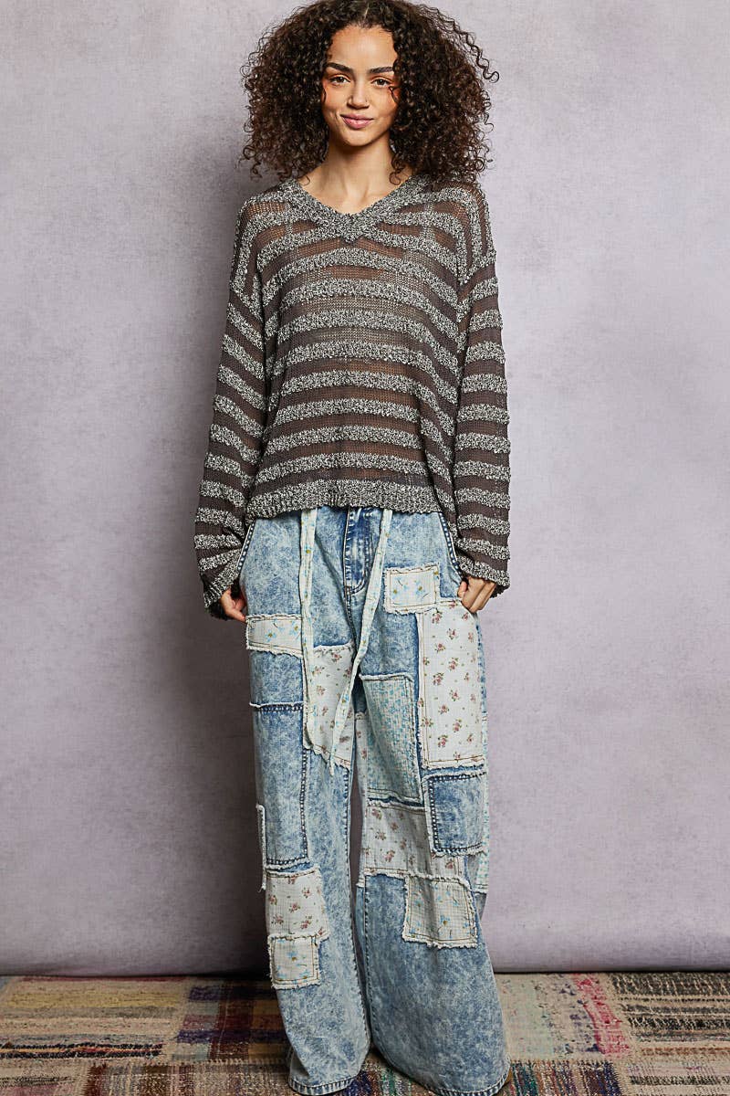 Pol Clothing - Wholesale Knit Sweater - Women's - V Neck Long Sleeve Striped Knit Acrylic Thin Sweater SALE11