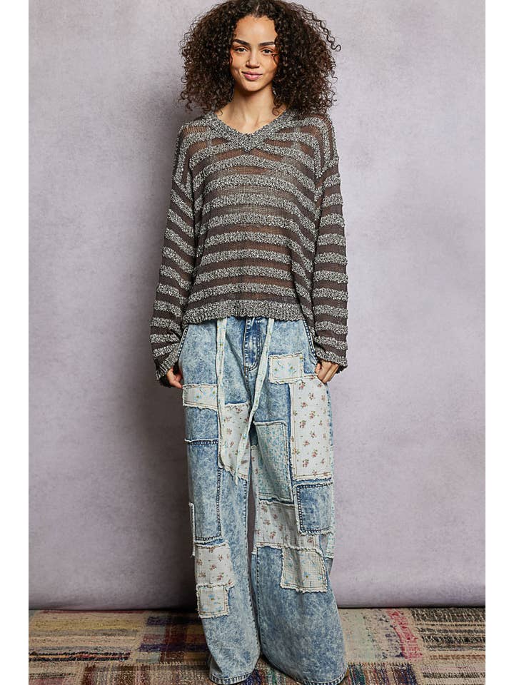 Pol Clothing - Wholesale Knit Sweater - Women's - V Neck Long Sleeve Striped Knit Acrylic Thin Sweater SALE11