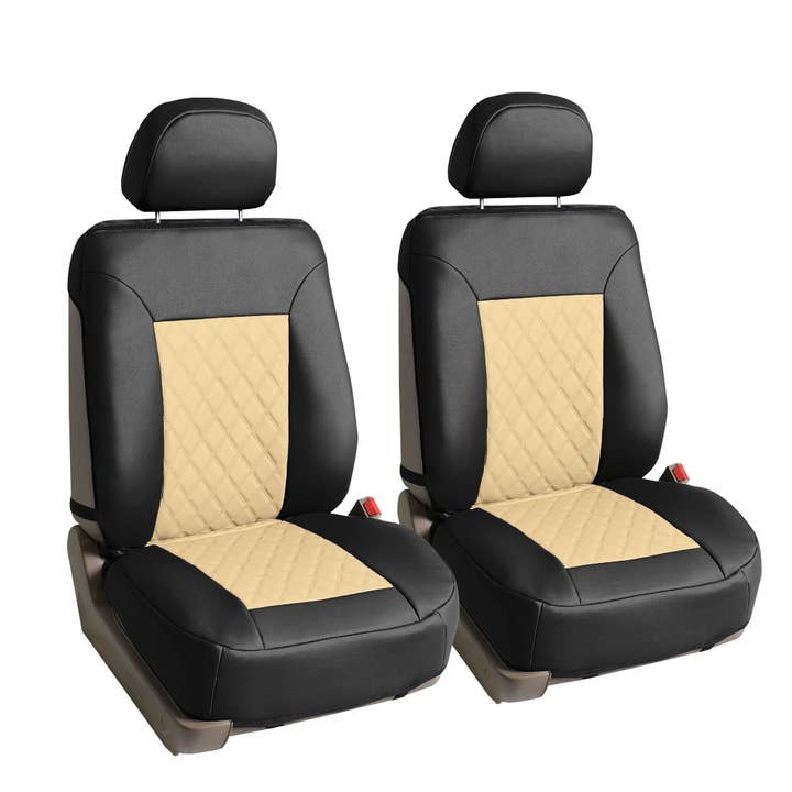 Cuscini per sedili auto in ecopelle di qualità con motivo a rombi - Set frontale beige/nero per la vendita all'ingrosso da parte di FH GROUP