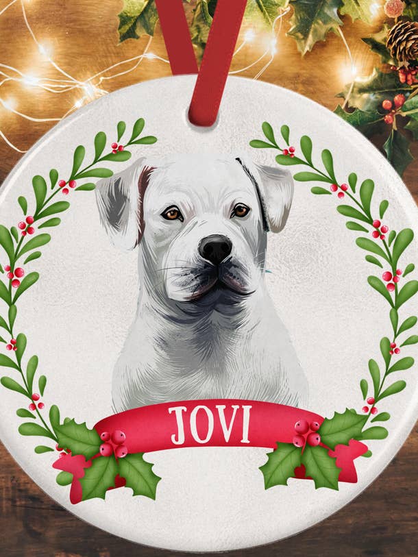 American Bulldog White Christmas Decoration for wholesale by WagATudeTags