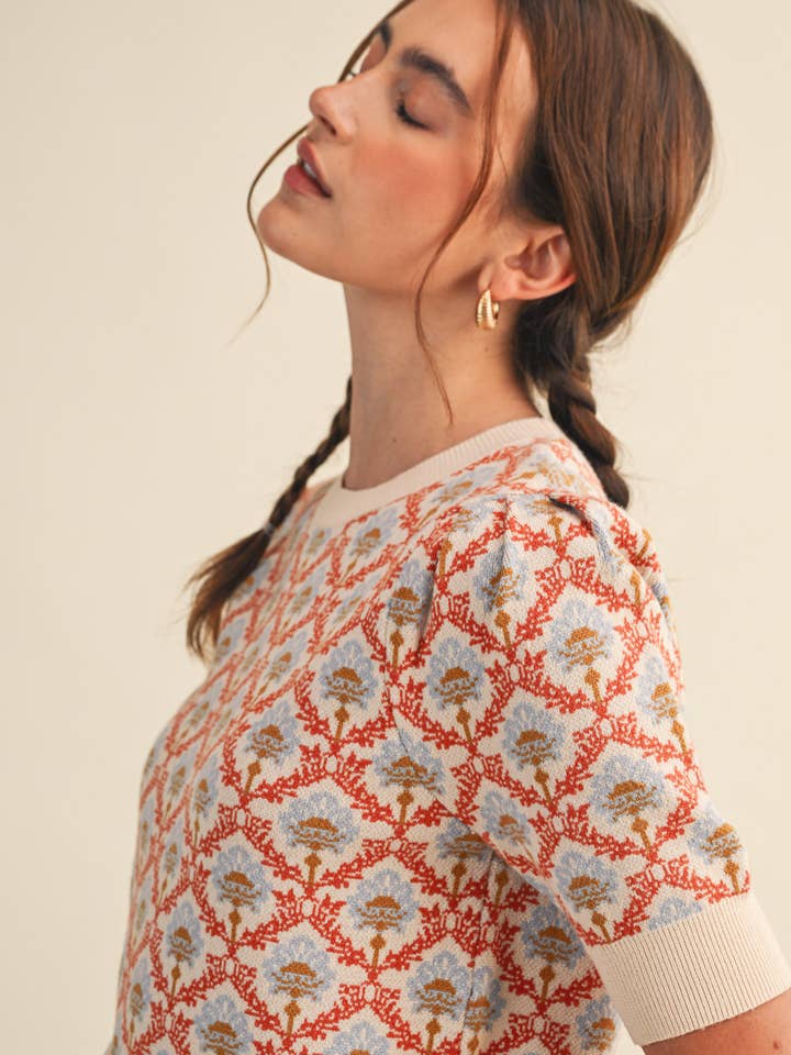 &MERCI - Wholesale Knit Sweater - Women's - FLORAL PATTERN SHORT SLEEVE SWEATER MSW1086052