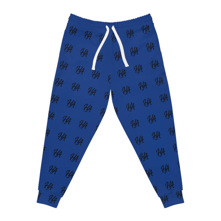 Dark Blue Fleece Joggers — All-Over Script 'HA' Monogram Sweatpants for wholesale by Henry Athletics