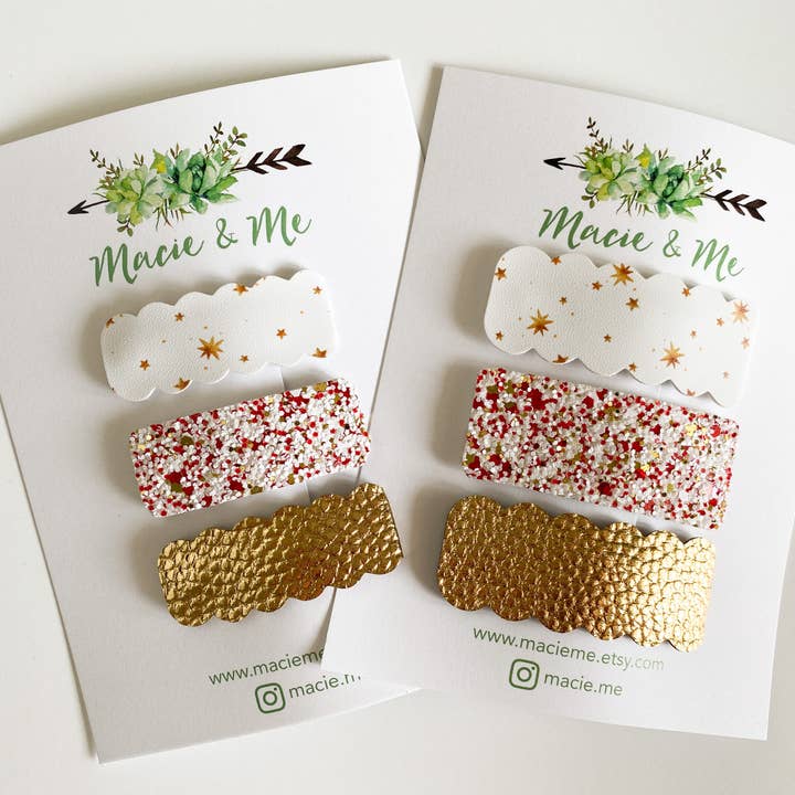 Ensemble de pinces à pression dorées scintillantes, rouges et blanches pour la vente par Macie & Me