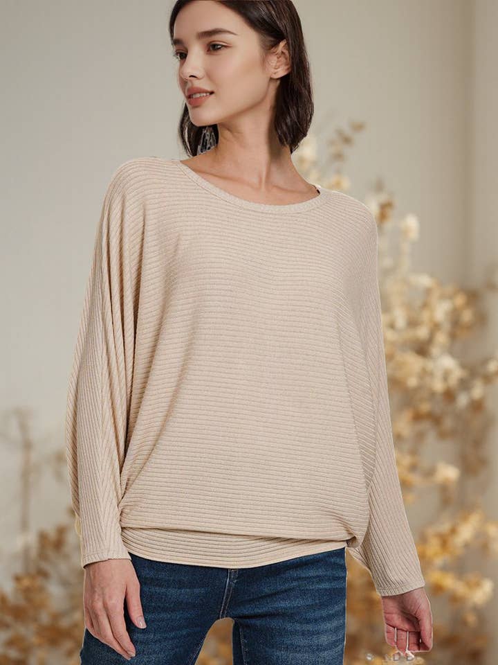 "._ Ribbed Batwing Long Sleeve Boat Neck Sweater for wholesale by 42POPS